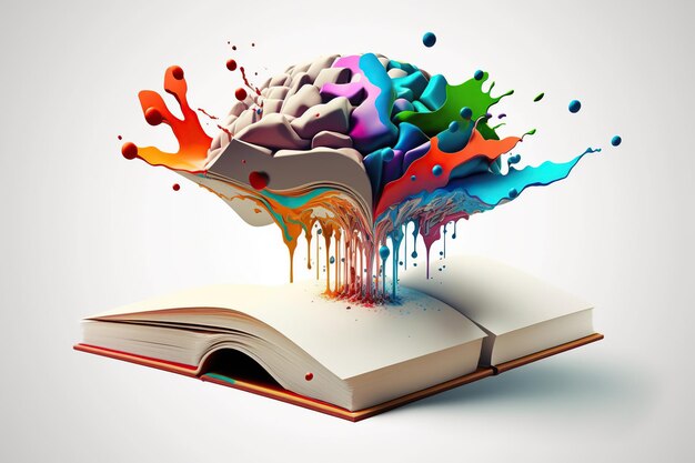 Open book with fantastic levitation glowing brain and colorful splash