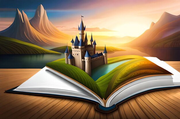 Open book with a fantasy world popping outA castle illustration over a bookGenerative