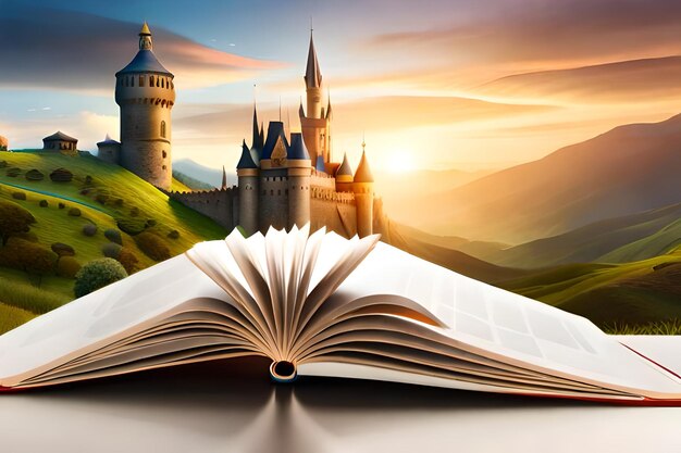 幻想の世界が浮かぶ本を開け本の上に城のイラストが描かれているGenerative