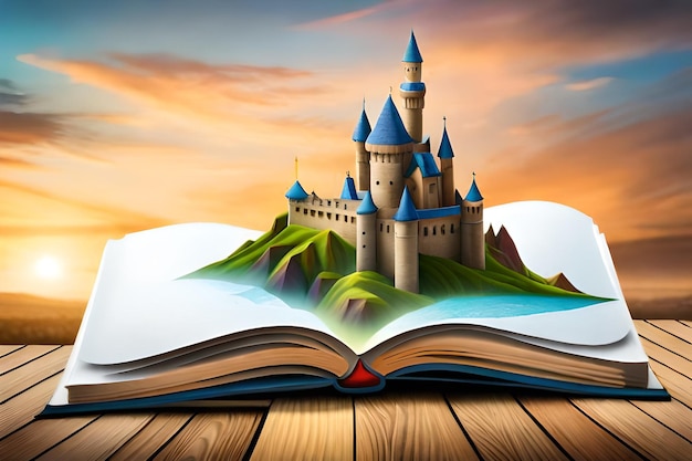 Open book with a fantasy world popping outA castle illustration over a bookGenerative