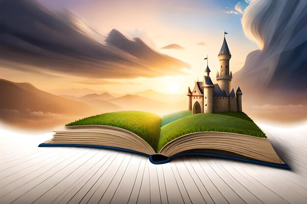 Open book with a fantasy world popping outA castle illustration over a bookGenerative