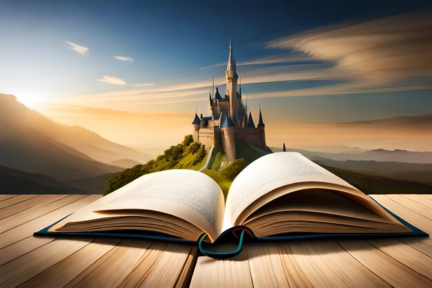 Open book with a fantasy world popping outA castle illustration over a bookGenerative