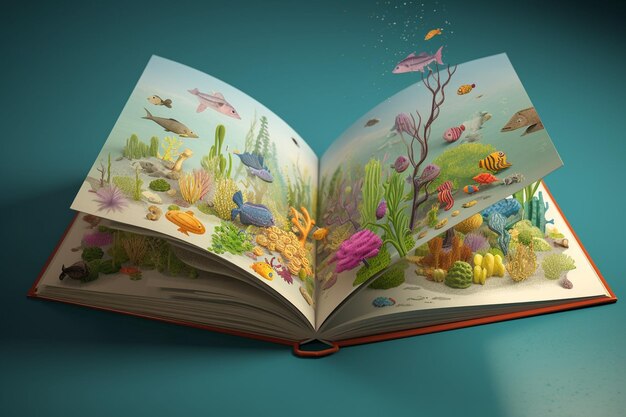 Open book with fish and corals on blue background 3d render