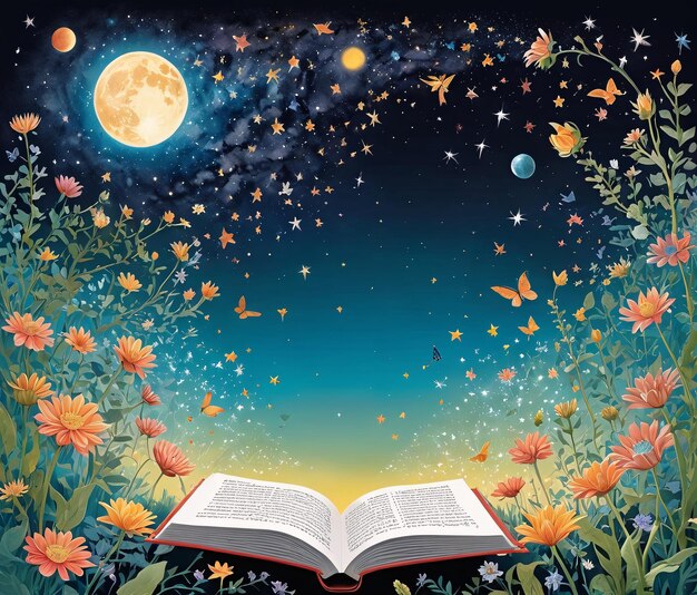 Photo an open book with flowers and butterflies in the night sky