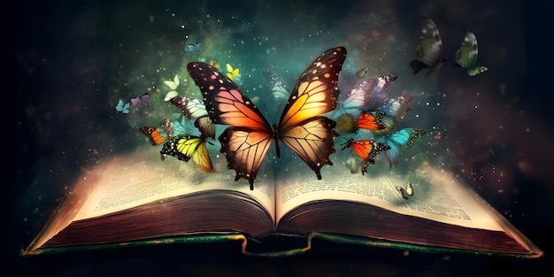 Open book with flying magic butterfly study in books to find lots of new ideas