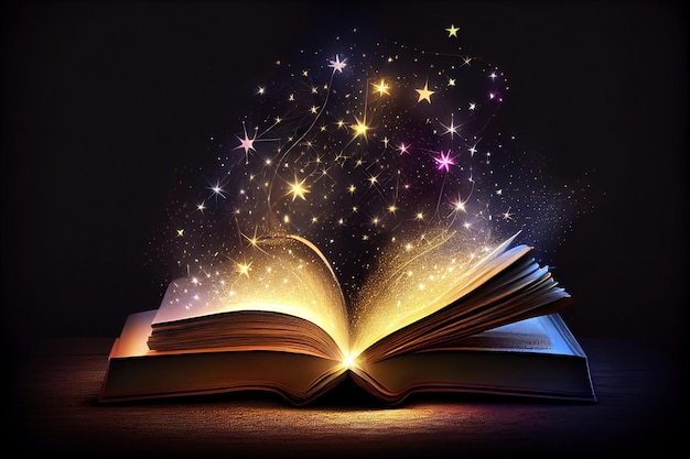 Open book with flying out glowing fantasy stars in night Generative ai