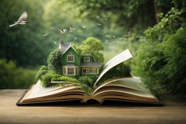 Open book with folding pages having house having grass