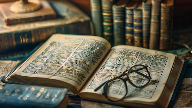 An open book with glasses on a wooden table The background is blurry with a warm glow The book is old and has yellowed pages