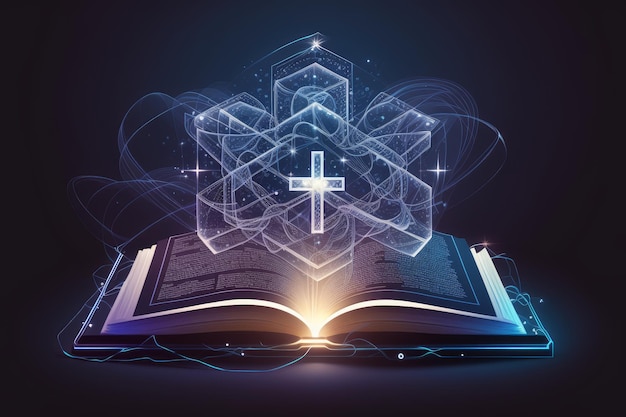 Open book with glowing christian cross on dark background Religion concept Generative AI