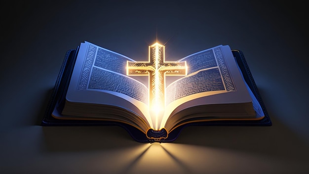 Open book with glowing christian cross on dark background