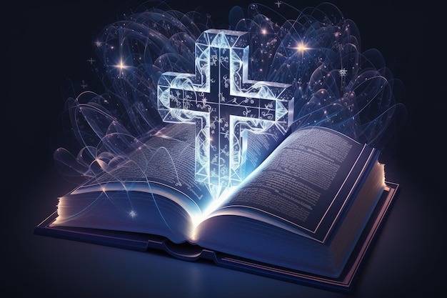 Open book with glowing cross on dark background Religion concept Generative AI