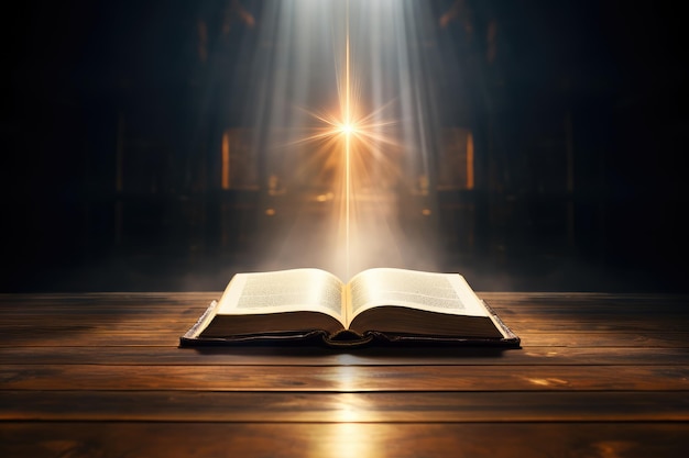 Open book with glowing cross on wood table in temple