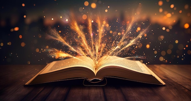 open book with glowing rays of light set against a dark background