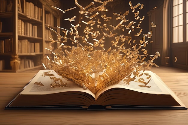 open book with gold flying flying on wooden table 3 d renderinggolden book with flying pages and f