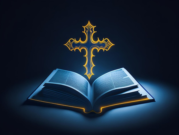 Photo open book with golden cross on dark background religion concept