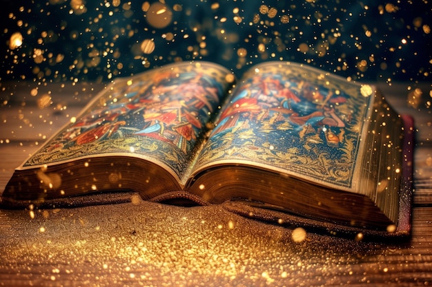 An open book with golden sparkles