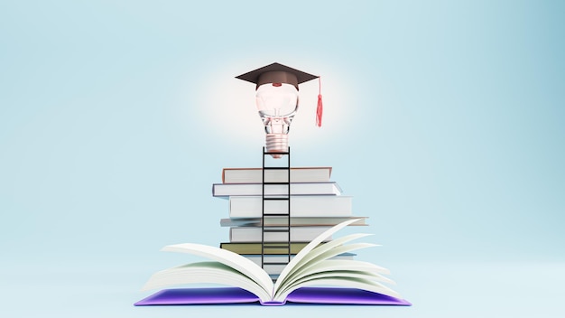 Photo open book with graduation hat on light bulb. education, learning on school and university or idea concept. 3d illustration
