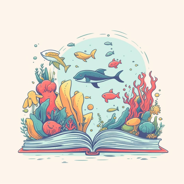 An open book with an illustration of a whale and sea creatures