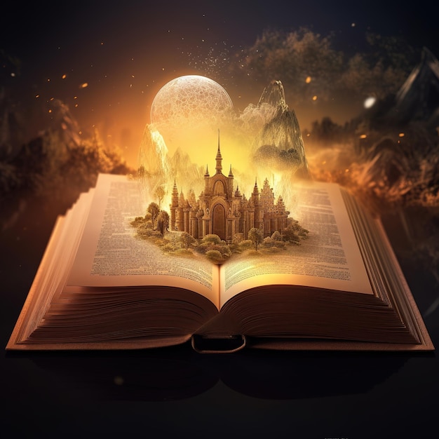 open book with imaginative world coming out