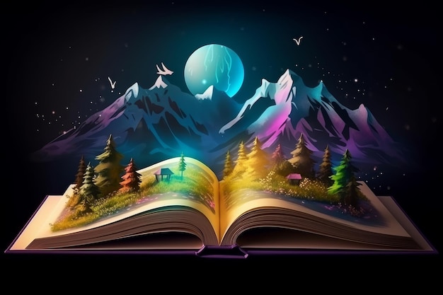 An open book with a landscape of trees and mountains