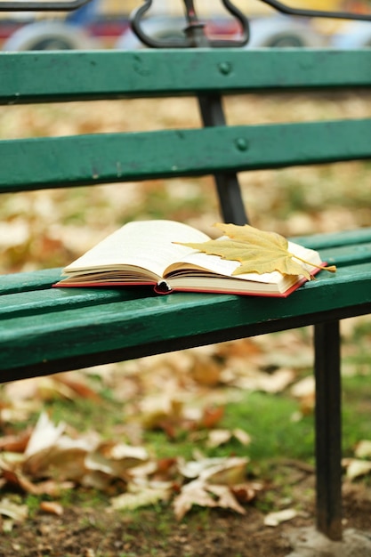 Open book with leaf on it lying on the bench in autumn park