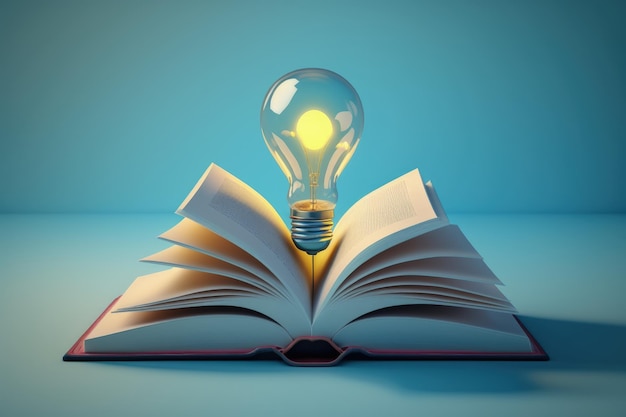 Open book with light bulb concept of creativity and innovation blue background AI