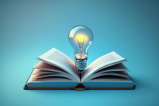 Open book with light bulb concept of creativity and innovation blue background AI