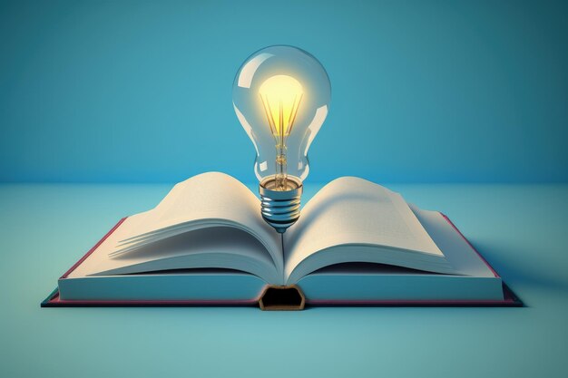 Open book with light bulb concept of creativity and innovation blue background AI