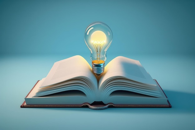 Open book with light bulb concept of creativity and innovation blue background AI