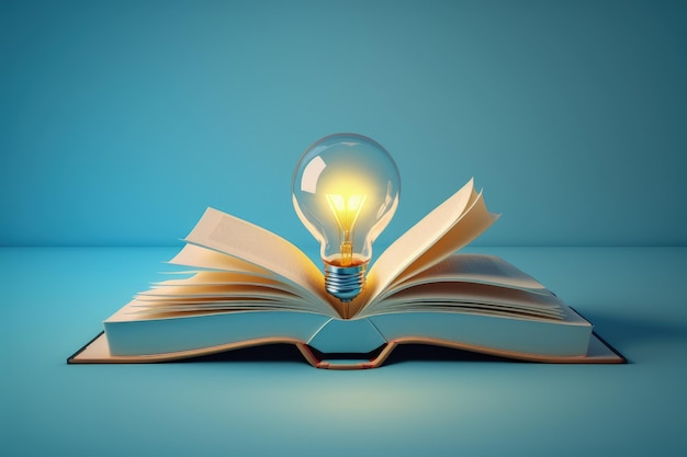 Open book with light bulb concept of creativity and innovation blue background AI