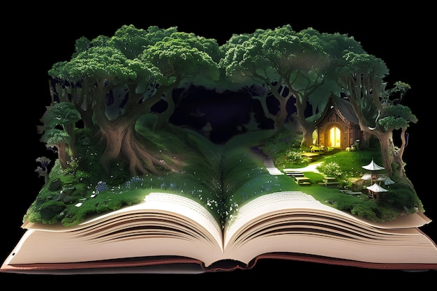 Open book with magic forest inside Fantasy and imagination fiction literature and love for reading