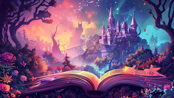 Photo an open book with a magical castle and forest scene appearing from its pages