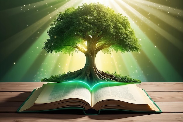 Open book with magical green tree and rays of light on wooden deck