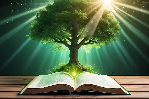 Open book with magical green tree and rays of light on wooden deck