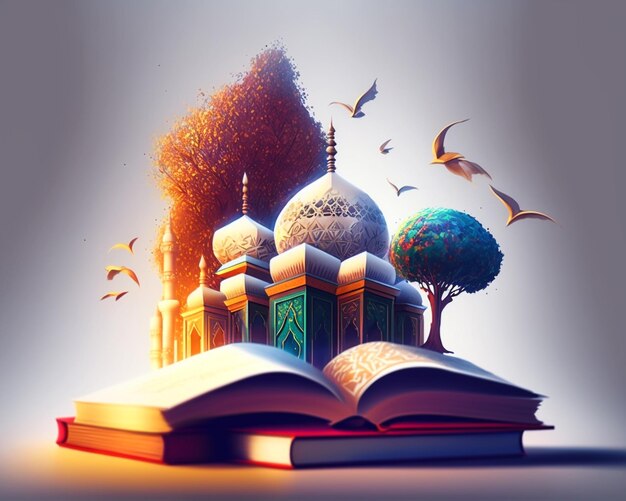 Открытая книга с мечетью и удивительное дерево со сгенерированным ай