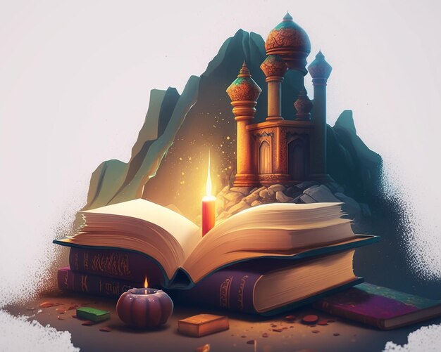 Open book with masjid and amazing tree with generated ai