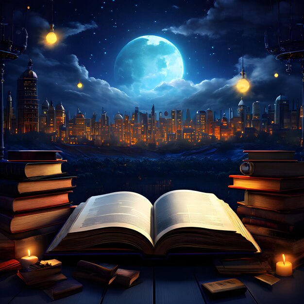 Photo open book with night background and moon