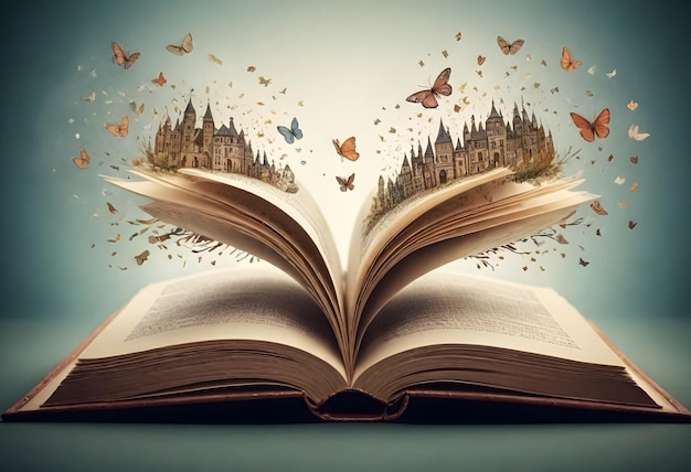 an open book with a picture of a castle and butterflies on it