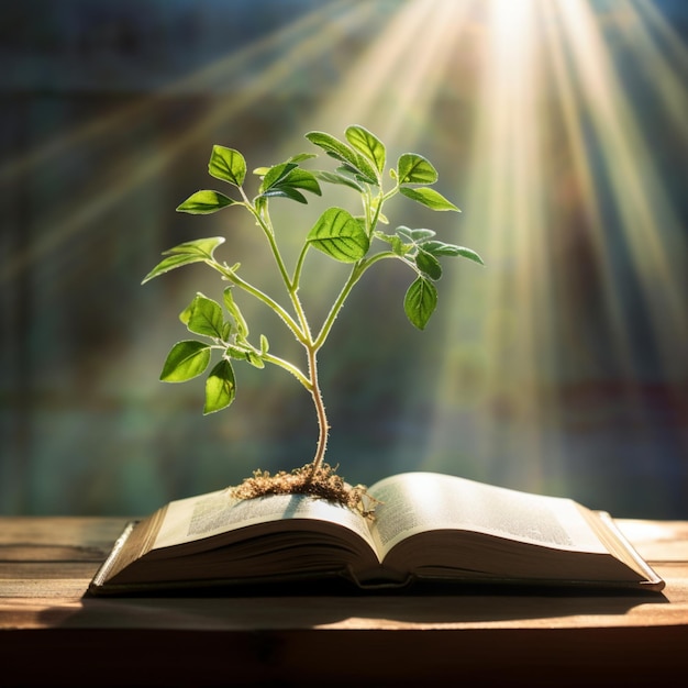 An open book with a small plant growing out of the page