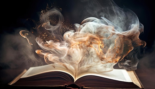 an open book with smoke coming out of it in the style of magical creatures