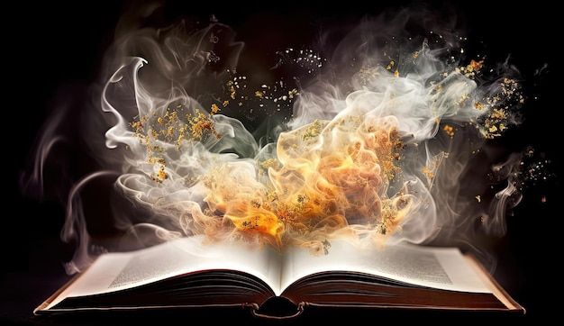 an open book with smoke coming out of it in the style of magical creatures