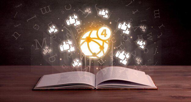 Open book with social networking icons above