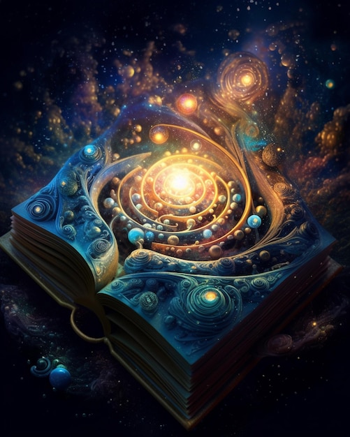 an open book with a spiral design on it in the middle of space generative ai