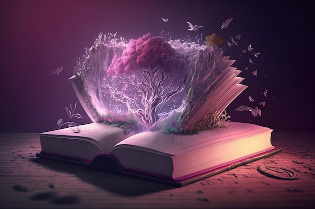 Open book with splashing magic landscapes nature world fairytale