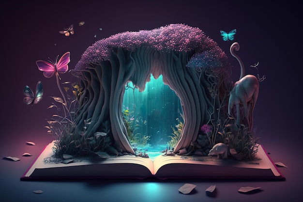 Open book with splashing magic landscapes nature world fairytale