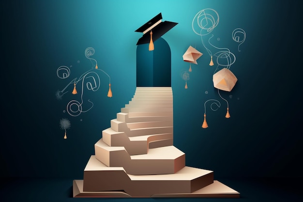 Photo open book with stair to graduation cap the door with graduation hat on top of staircase bubble tal