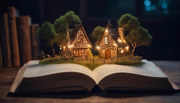 Photo an open book with a surreal landscape on the pages