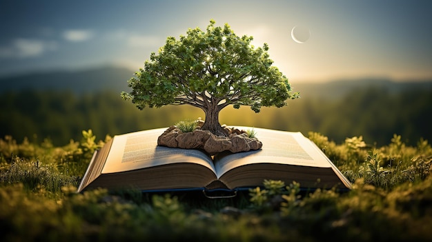 Открытая книга с деревом, растущим из нее Генеративный ИИ