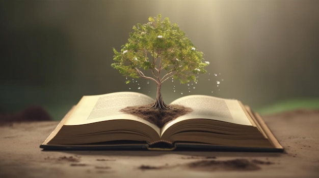 An open book with a tree growing out of it