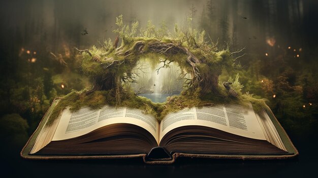 an open book with a tree growing out of it